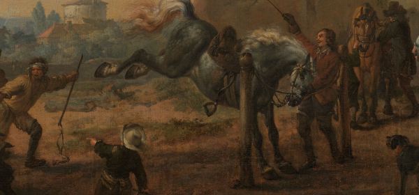 Dutch painting of a man training an unruly horse tied to two posts and bucking.