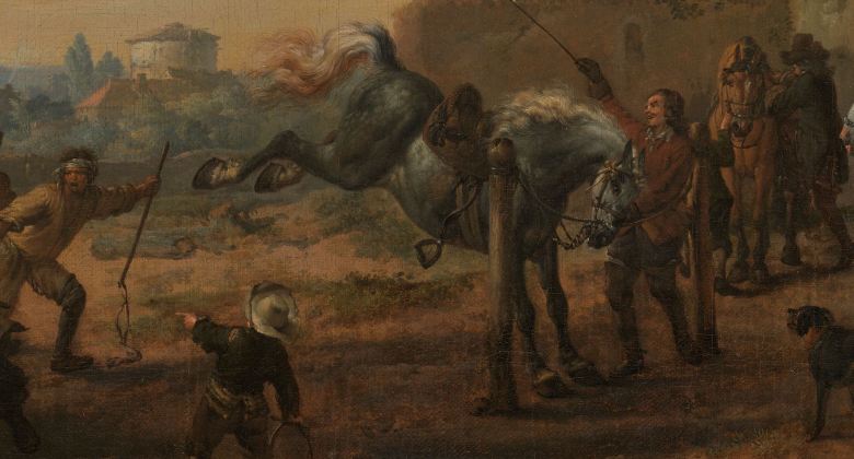Dutch painting of a man training an unruly horse tied to two posts and bucking.